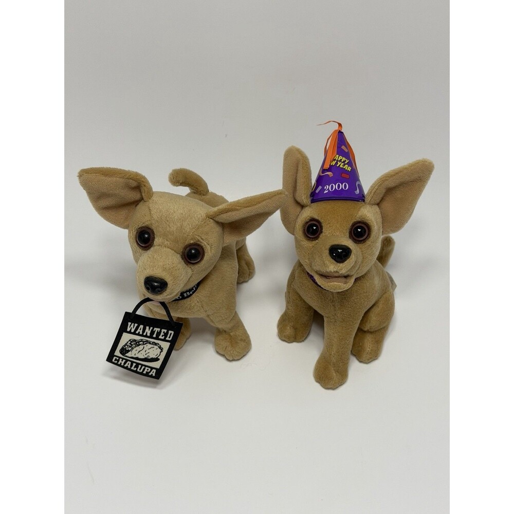 Lot of 2 Vintage Taco Bell Chihuahua Plush Wanted Chalupa Happy New Year 2000